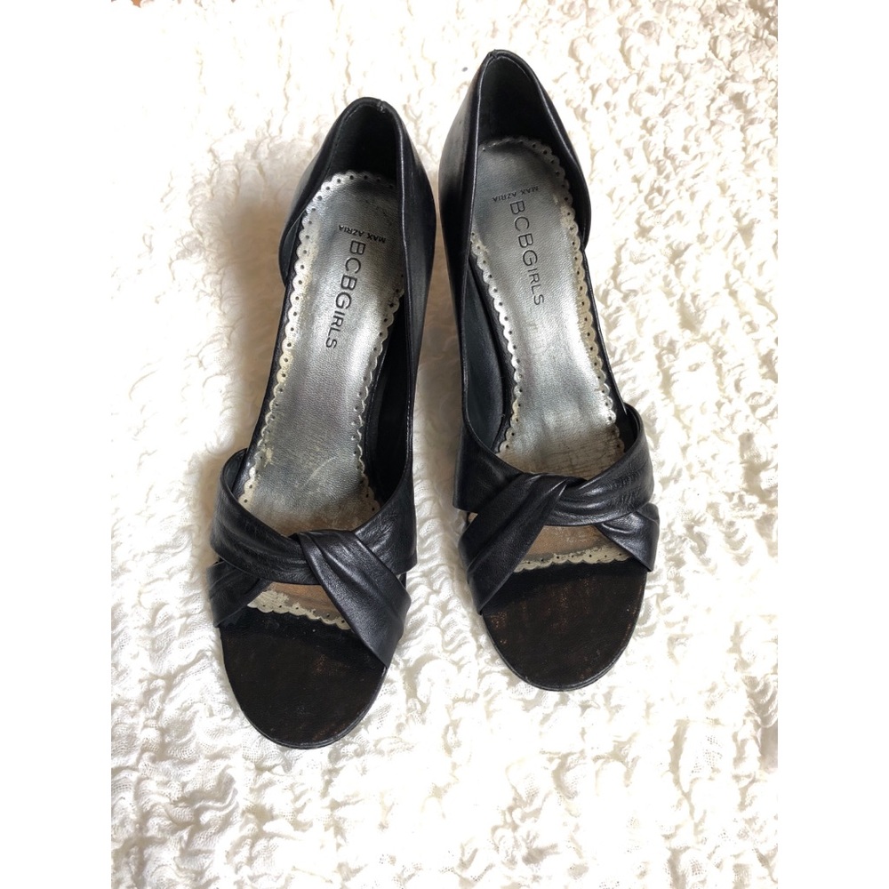 BCBG Black Leather Open Toe Heels Size 6